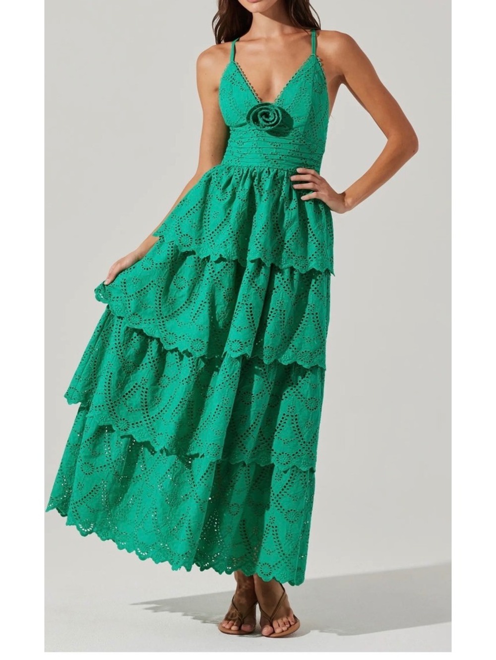 ASTR emerald Eyelet Lace Tiered Maxi Dress with Floral Detail